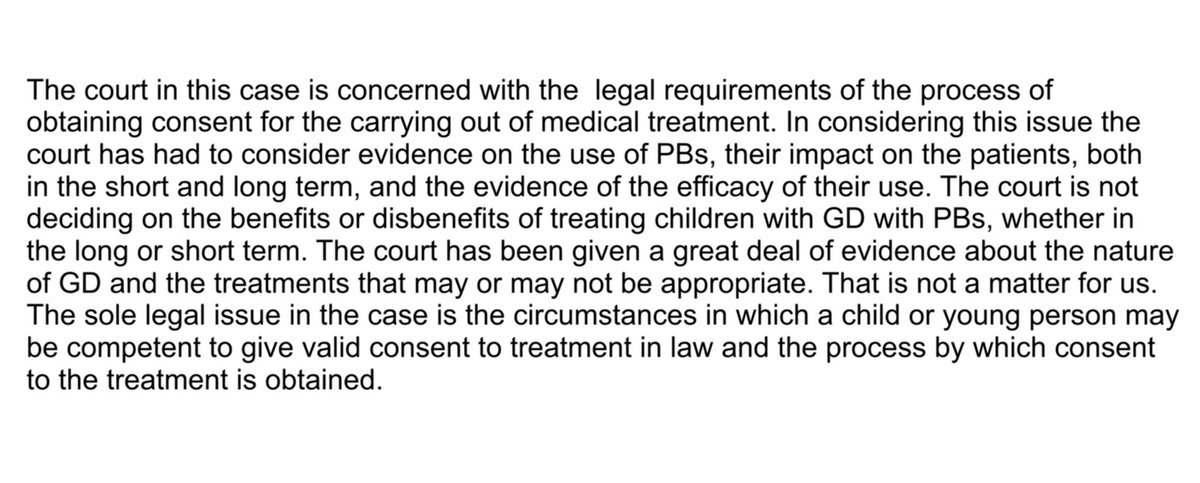 6/  §9 in full ruling ( https://www.judiciary.uk/wp-content/uploads/2020/12/Bell-v-Tavistock-Judgment.pdf): note what was decided: when "a child or young person may be competent to give valid  #consent to treatment in law" & "process by which consent to the treatment is obtained" & what the court expressly *didn't* decide: