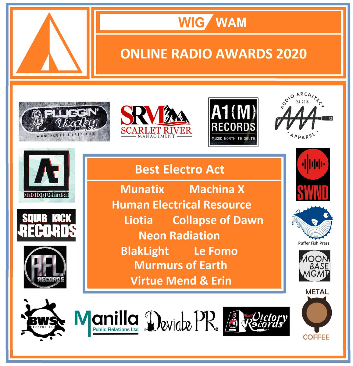Check our our Best Electro Act 2020 category!! It's a cracker. :-)
<a href="/lefomo/">LE FOMO</a> <a href="/munatix_music/">Munatix</a> <a href="/humanelectrical/">Juliette Caron-Leroux🌰‍</a> @M_A_C_H_I_N_A_x @liotiamusic <a href="/CollapseOfDawn/">Collapse of Dawn</a>  
<a href="/BlakLightband/">BlakLight</a> <a href="/SinclairOnAir/">Richard Sinclair</a> @geoffpinckney
<a href="/VirtueMend/">Virtue Mend Music</a> <a href="/neonradiation/">neon radiation</a> @analoguetrash <a href="/presspufferfish/">🐡 Puffer Fish Press 🐡</a> <a href="/ElectrodromeFM/">Jake Griffiths</a>