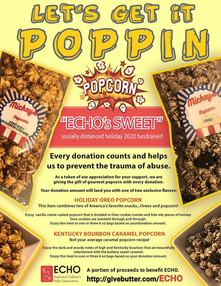 Here at ECHO we want to send you "Sweet" holiday greetings. When you donate to our socially distant fundraiser, you will receive a complimentary bag or tin of gourmet popcorn. Help us get the end of this year poppin! givebutter.com/ECHO
#allkidsareourkids #ECHOLouisville
