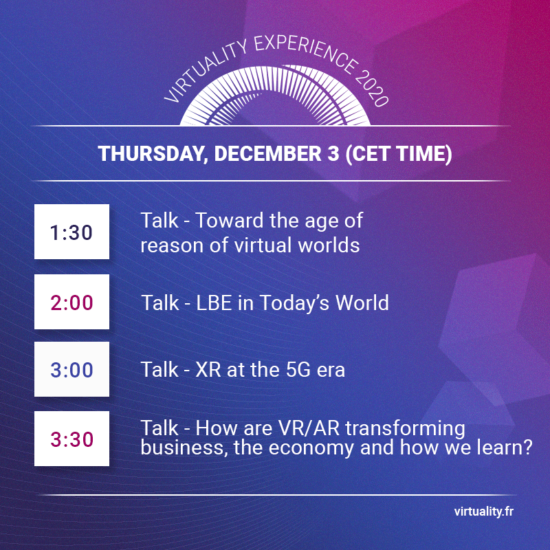 Web3Virtuality's tweet image. [Agenda] This thursday, December 3, join us for a day of XR conferences. CET time.

ℹ️ More on virtuality.fr
🎟 Get your FREE ticket! bit.ly/33dZpSE

#Virtuality2020 #VirtualityExperience
#XR #VR #MR #AR
