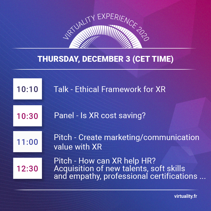 Web3Virtuality's tweet image. [Agenda] This thursday, December 3, join us for a day of XR conferences. CET time.

ℹ️ More on virtuality.fr
🎟 Get your FREE ticket! bit.ly/33dZpSE

#Virtuality2020 #VirtualityExperience
#XR #VR #MR #AR