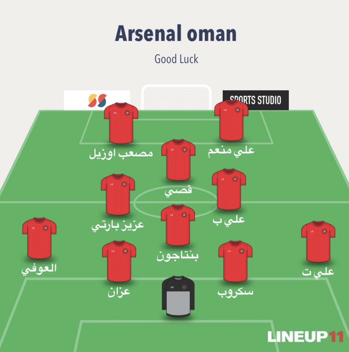 تشكيلة الفريق الرسمية 
لنهائي كاس السوبر العماني @OmaniVpg 

#ديربي_الاخوان 🇴🇲❤️
كل التوفيق لأبطال ارسنال عمان وللكبير عمان تيم <a href="/VpgOman/">VPG Oman team</a> 🇴🇲❤️