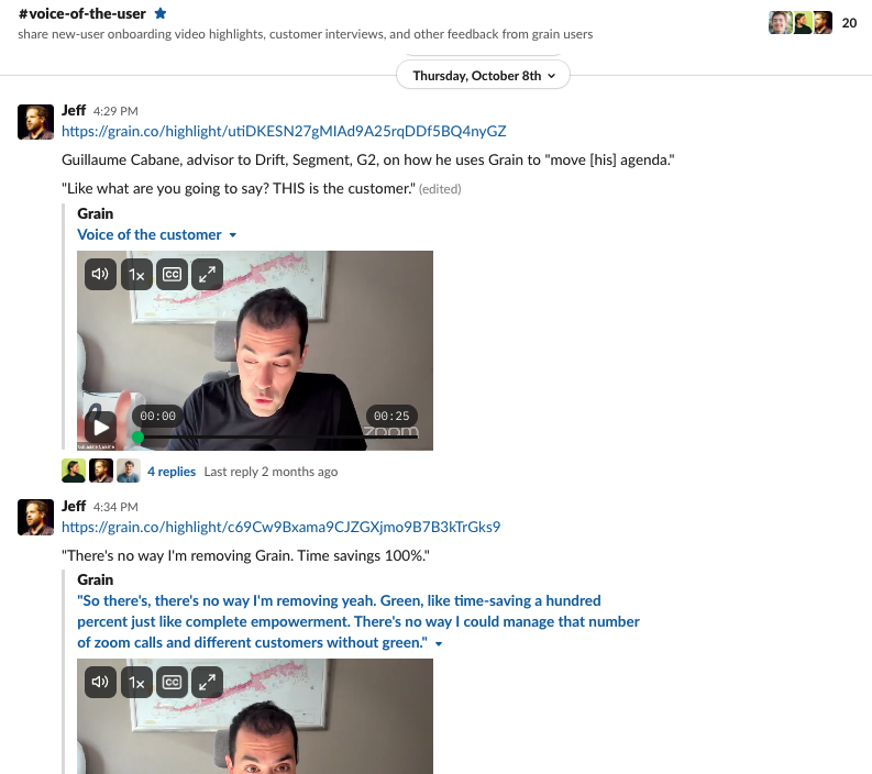 michaelglena's tweet photo. You're never done. This is why you should be asking to record EVERY SINGLE customer facing interaction.
There is gold in there, you just need to mine & share it.
At @GrainHQ we use Grain to turn every customer convo into 2-3 highlights we post into #voiceoftheuser in @SlackHQ https://t.co/qcWto4V6Ai