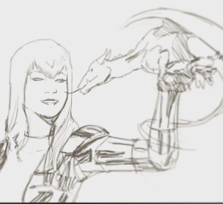 travis_hymel's tweet photo. Here are the pencils from my daily #warmupsketch of #magik and #Lockheed from #new mutants. I usually give myself 10-15 at most to finish these sketches but ran out of  time to ink it, but might go back later after working on #arkworld pages. #Marvel #xmen #ArtistOnTwitter https://t.co/StIP1eTvH5