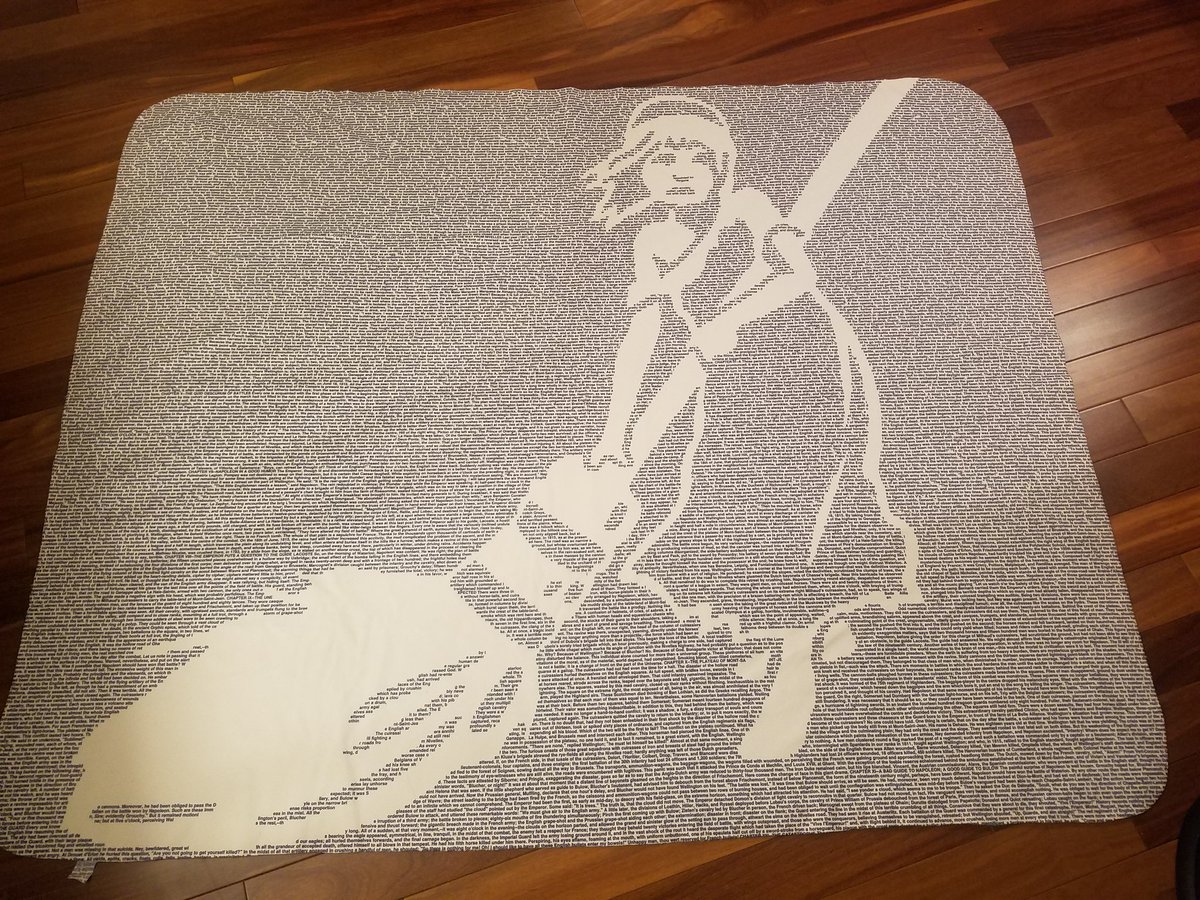 cassveritek's tweet photo. My brother got me a les mis blanket for my birthday that has text from the brick and I'm losing my mind over the designer having 655,000 words to choose from and deciding to include the ENTIRE WATERLOO DIGRESSION https://t.co/Xbk0rqAz4d