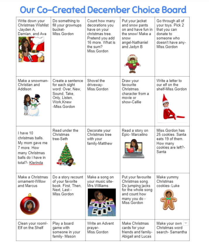 MissGordonHCDSB's tweet photo. Another month of great co-created choice board ideas by our grade 2 class! Can you do all of these activities before the Christmas break? 🎄 #classcollaboration #decemberchoiceboard #virtualhcdsb https://t.co/Kb7XVArLcH