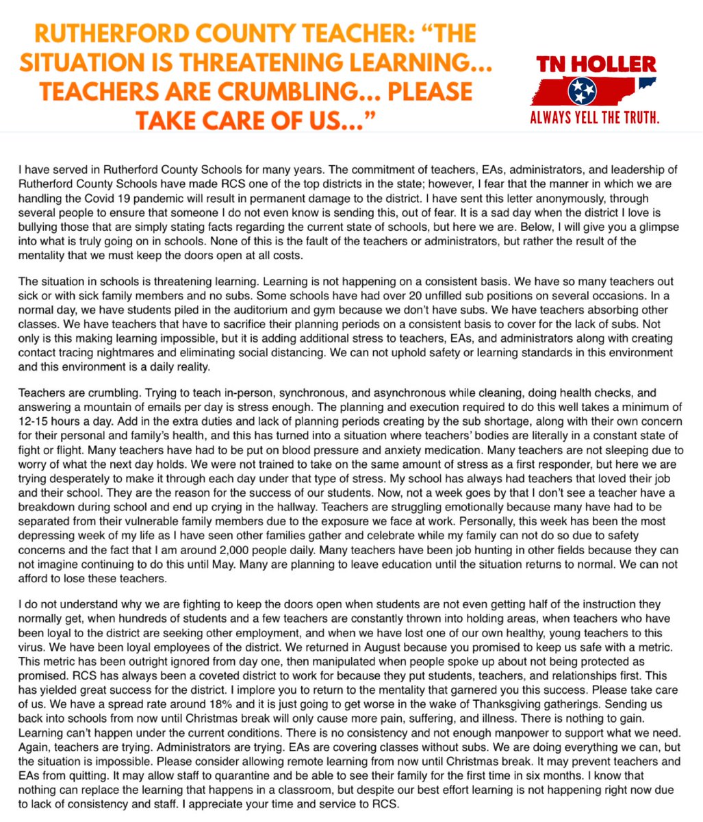 INBOX: “The situation is threatening learning... teachers are crumbling.. please take care of us... An @rucoschools teacher’s anonymous letter pleads for leadership in Tennessee. @GovBillLee @TNedu (from @TheBoroHoller)