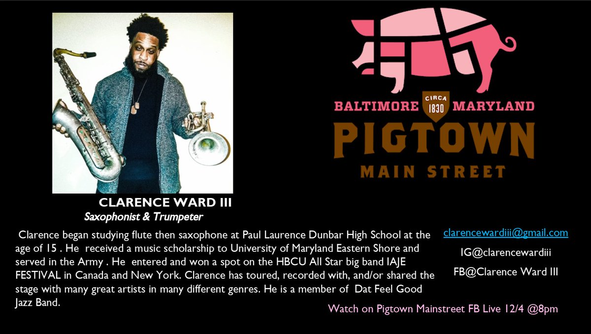 Clarence Ward III is a talented Saxophonist and Trumpeter who won a spot on the HBCU All-Star Big band IAJE FESTIVAL in Canada and New York. 

#PigtownShuffle #shuffleintopigtown #Pigtown #PigtownMainStreet #Baltimore #Bmore #MainStreet