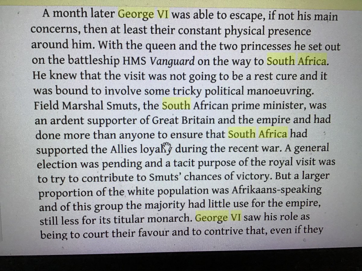 In his short biography of King George VI in the Penguin Monarchs series,Philip Ziegler discusses the the 1947 South African tour political context, the only overseas tour undertaken by George VI, Queen Elizabeth, Princess Elizabeth&Princess Margaret as a family of four.  #thecrown