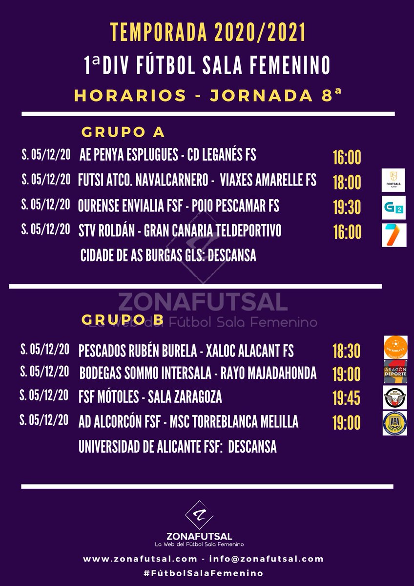 ZonaFutsal Twitter: "📆Horarios de la Jornada 8ª de 1ª División de Fútbol Femenino: 📺A día de hoy 7 partidos de 8 posible serán televisados. 📌Dos partidos destacan del resto: 📌El