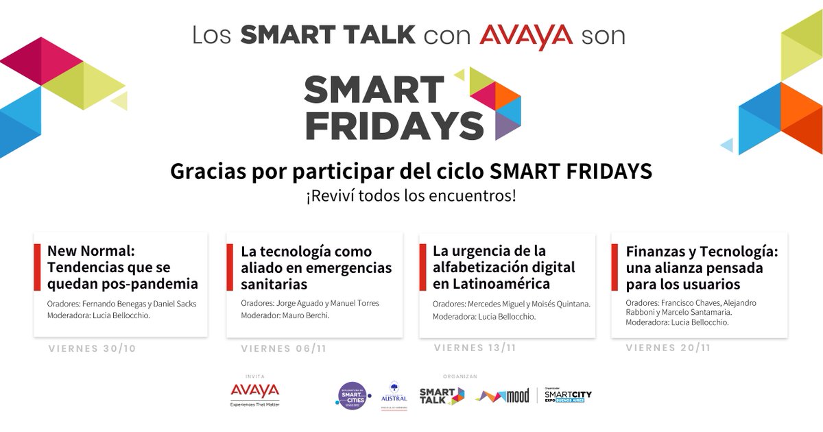 Smart_LiveTalks's tweet image. ¡Reviví todos los encuentros de #SmartFridays!

Ya podés volver a mirar el ciclo de charlas junto a @Avaya_Latam y @EGobiernoUA en youtube.com/channel/UCOdcS… 

#Smart #Casual #ExperiencesThatMatter #smartcities #smarttalk #tendencias #finanzas #educacion #transformaciondigital