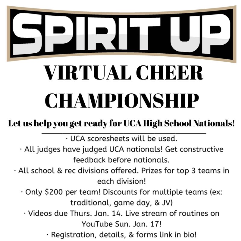 FullOutChats's tweet photo. REGISTRATION IS OPEN! Excited to host our 2nd virtual competition this time to help school &amp; rec teams get ready for UCA Nationals! Only $200 per TEAM, get valuable feedback from UCA judges and watch all teams as a show LIVE on YouTube! Registration/forms: https://t.co/BzRLY4eyd0 https://t.co/rBAO9138wT