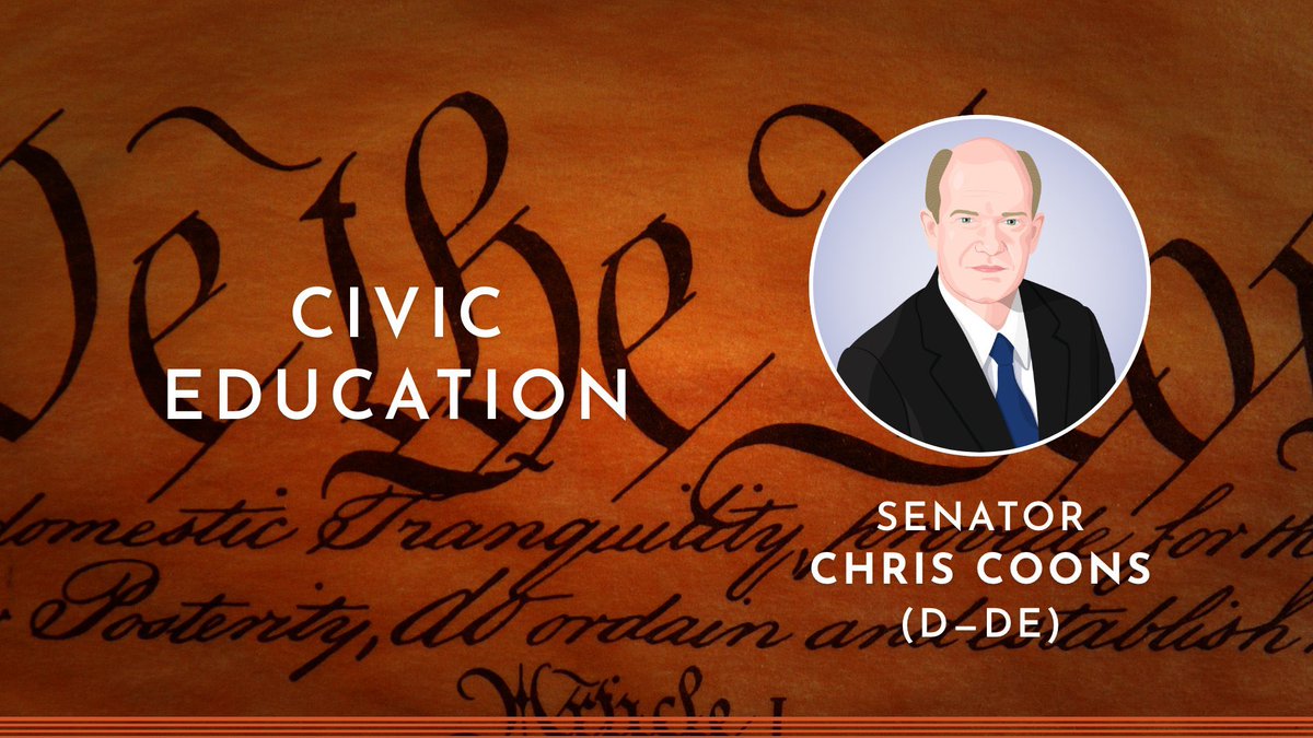 ASP's tweet photo. What is the Educating for Democracy Act? What will this bill do to further civics education for American citizens? Sen. @ChrisCoons, who worked with Sen. @JohnCornyn on the bill, answers these questions during his #ASPChat. Watch the full conversation 👉 https://t.co/lFXs8A9jO3 https://t.co/UZYyd5Ne1S