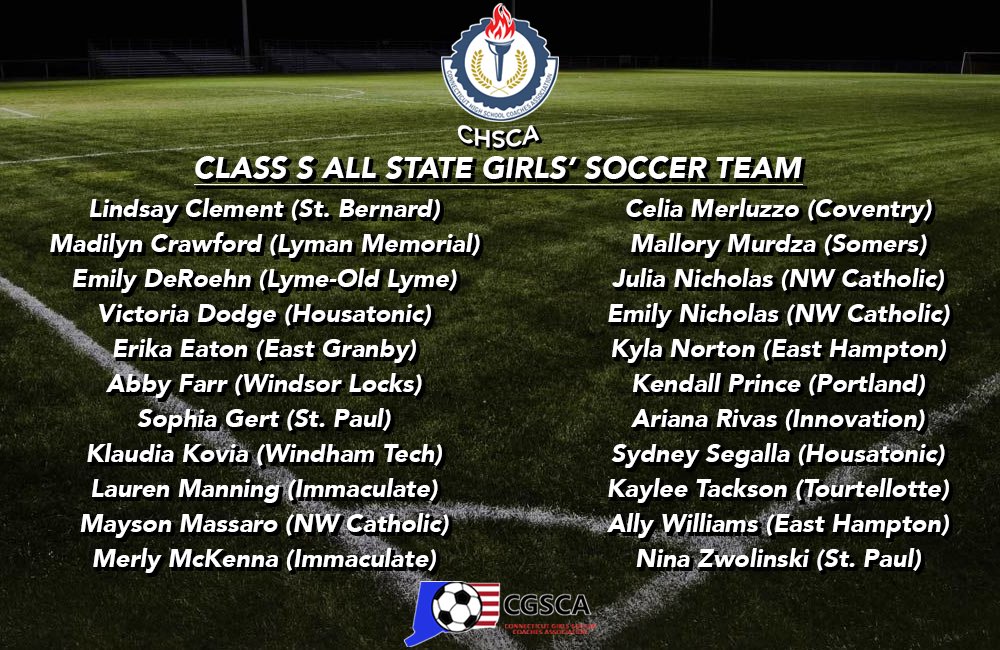 CTHSCA's tweet photo. For Immediate Release: The CHSCA/CGSCA are proud to announce the 2020 Class S All State Girls’ Soccer Team! #CGSCA #ctgsoc @NFP_CTEast https://t.co/pg2wFhdYeR