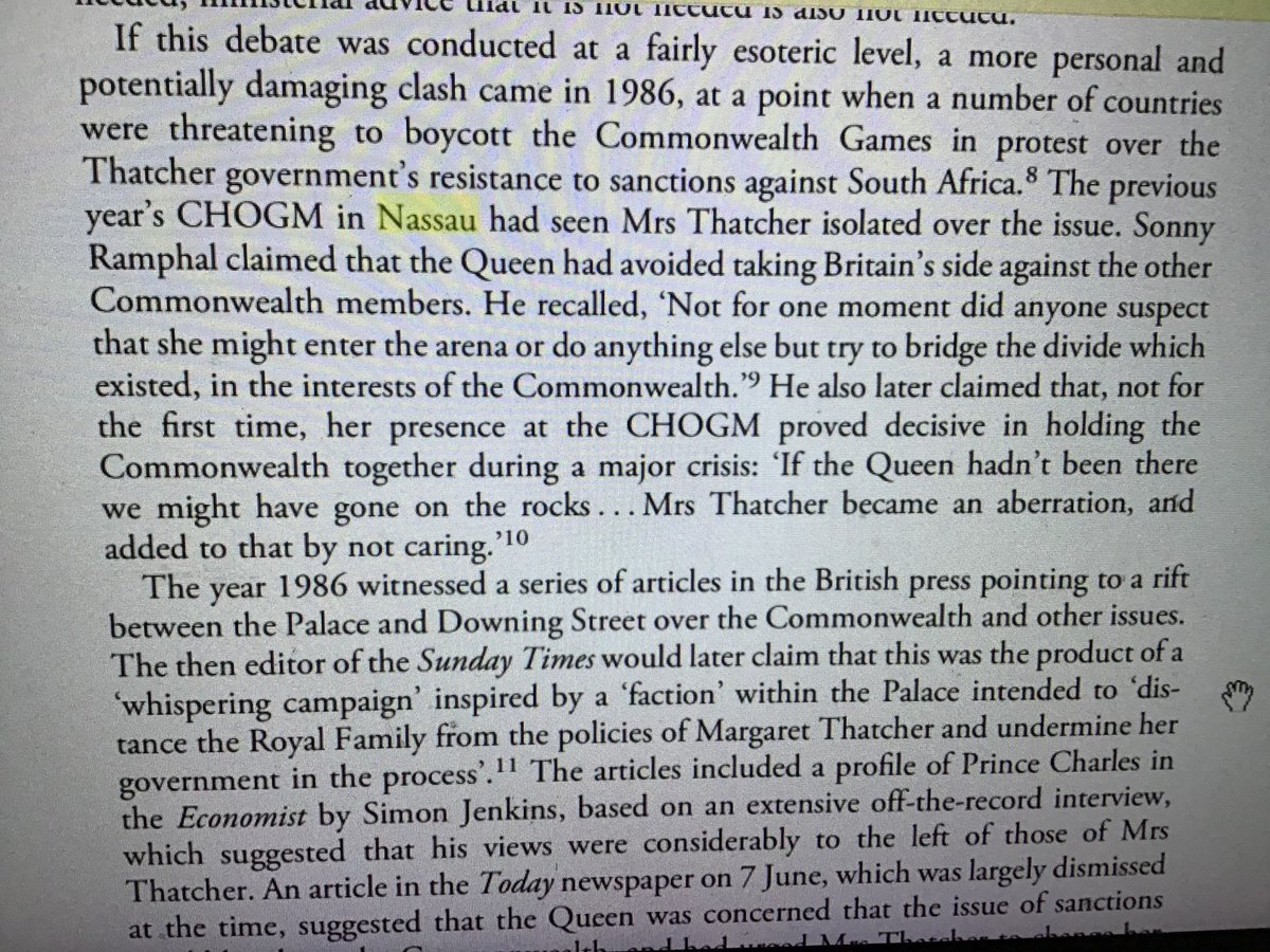 Here is the analysis of the 1985 Commonwealth Heads of Government meeting and the subsequent press coverage in 1986 in  @philipvmurphy's excellent book, Monarchy and the End of Empire. The Queen was a key unifying figure for the Commonwealth at this time.  #thecrown