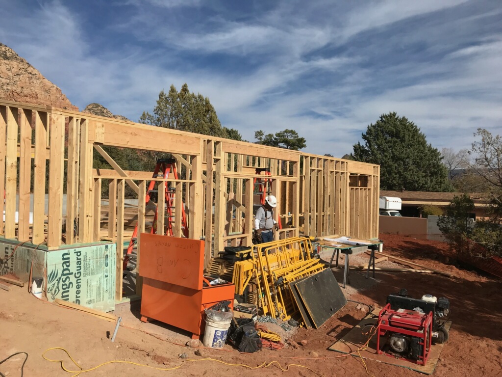 Framing is going up in #Sedona! The majestic mountains and dramatic cliff faces inspired the roof line and floor plan of this airy #architecturaldesign. #residentialarchitect #arizonarealestate