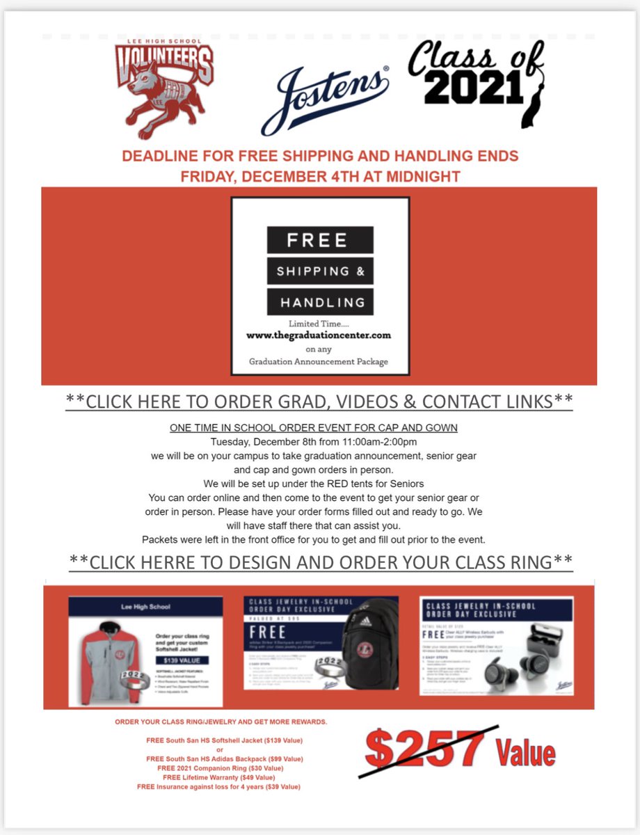Deadline for FREE shipping &amp; handling on Cap &amp; Gown orders is Friday, December 4th at midnight. There will also be a ONE TIME in school order event on Tuesday, December 8th from 11:00am-2:00pm.
