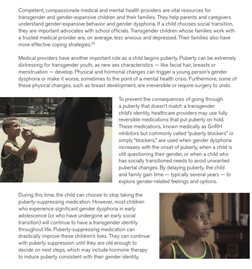 “Competent, compassionate medical and mental health providers are vital resources for transgender and gender-expansive children and their families.”“By delaying puberty the child and family gain time to explore gender-related feelings and options”