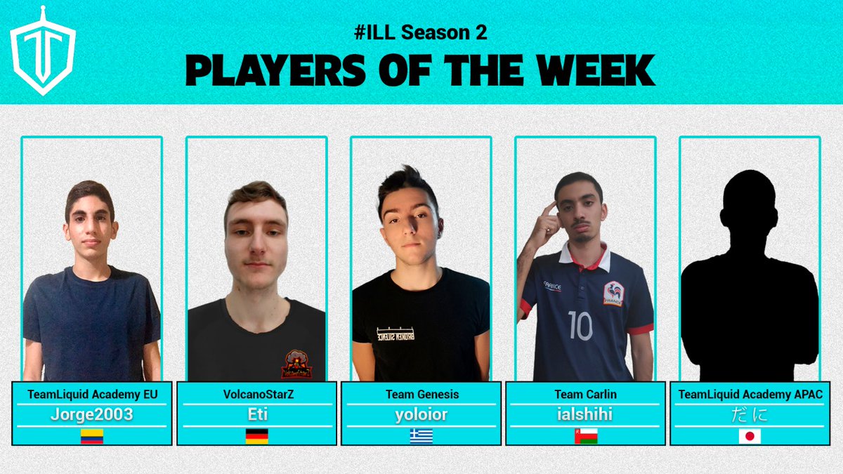 👑 #ILL - TEAM OF THE WEEK 

The best players from the beginning of the league!

🇨🇴 <a href="/Jorge2003_CR/">☆Jorge2003☆</a> - <a href="/TeamLiquid/">Team Liquid</a> AC EU
🇩🇪 <a href="/cr_eti/">Eti_cr</a> - <a href="/VolcanostarZ/">VolcanoStarZ</a>
🇬🇷 @yoloiorcr - <a href="/TeamGenesis_ITA/">Team Genesis</a>
🇴🇲 <a href="/ialshihi16/">ialshihi</a> - <a href="/Team_Carlin_/">Team Carlin</a>
🇯🇵 <a href="/SlGkvcc/">だに</a> - <a href="/TeamLiquid/">Team Liquid</a> AC APAC