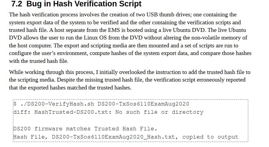 A “bug” identified in a September 2020 TX examiner’s report would have allowed voting machine vendor ES&S to install unauthorized software on its DS200, DS850, DS450, ExpressVote & ExpressVote XL voting systems which are used throughout the US. 1/  https://www.sos.state.tx.us/elections/forms/sysexam/brian-mechler-ESS-exam-report-EVS6110-aug.pdf