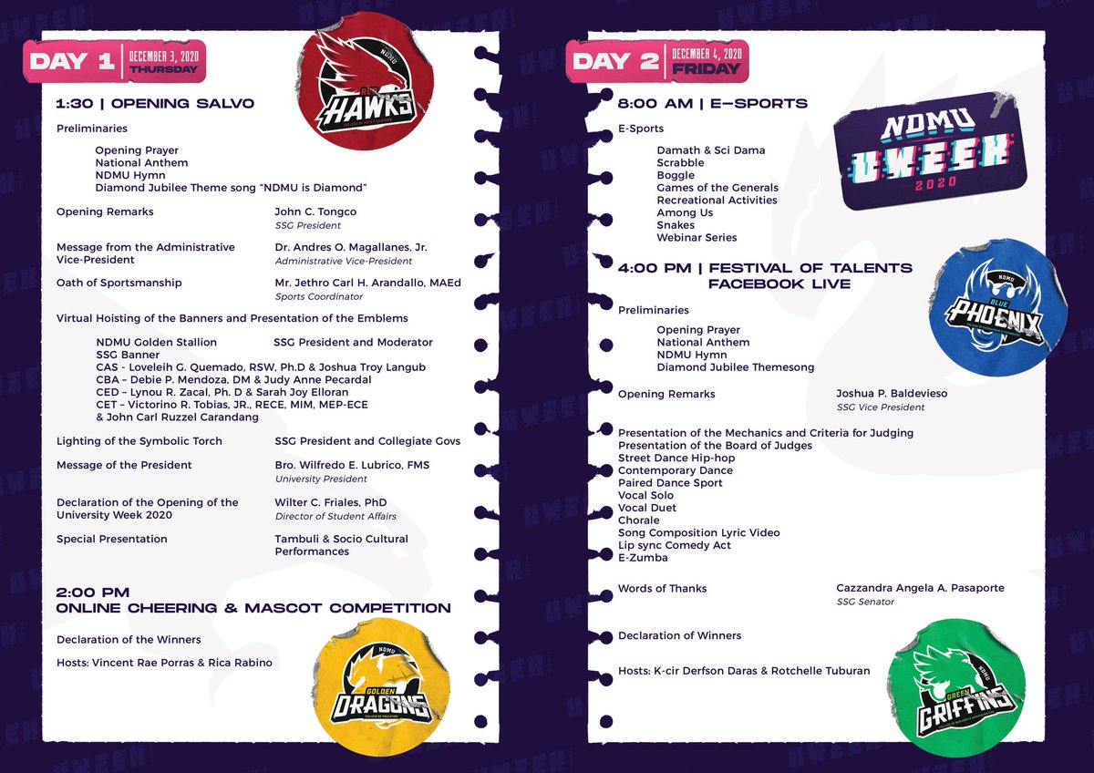 NDMUSSGOfficial's tweet photo. HEADS UP MARISTA! THIS IS THE OFFICIAL PROGRAM FOR THIS YEAR'S VIRTUAL UNIVERSITY WEEK 2020 ✨

Dali na Marista, Maghugpong Kita, UWEEK na! 

Catch our live stream starting today, December 3-5, 2020. Only here on the NDMU-SSG Page. https://t.co/cCdvkRmpDB