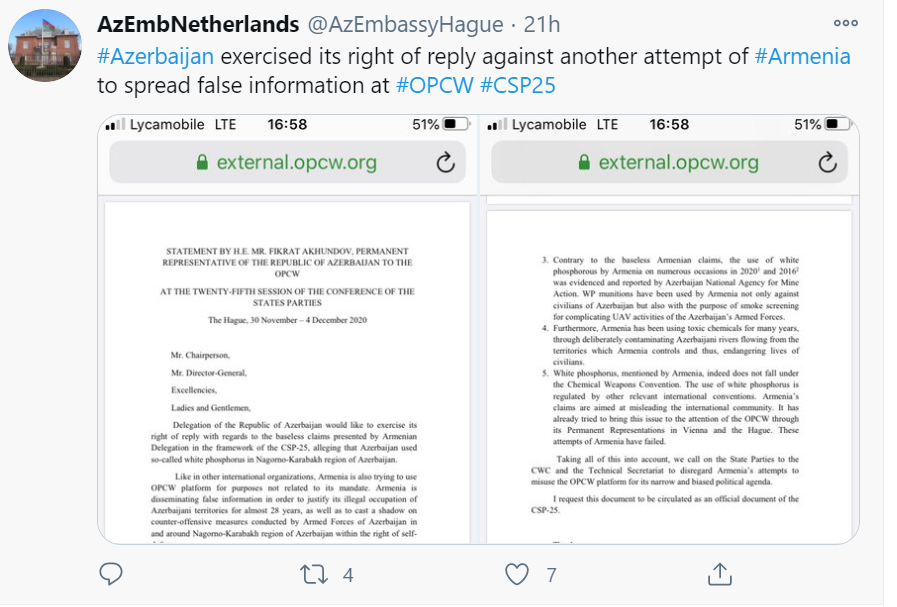 Azerbaijan's accusations come as a response to Armenia's representative's statement regarding the use of white phosphorus by Azerbaijan & Turkey during the military actions against  #Artsakh.  https://twitter.com/tbalayan/status/1333481123528192004?s=20