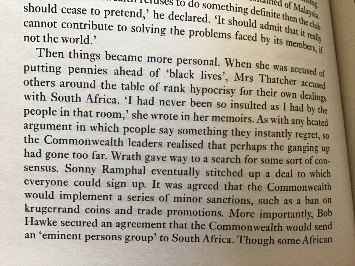 In Queen of the World (another book that I strongly recommend),  @hardmanr describes the tensions at the 1985 Commonwealth Heads of Government meeting and the measures that were eventually adopted.  #thecrown