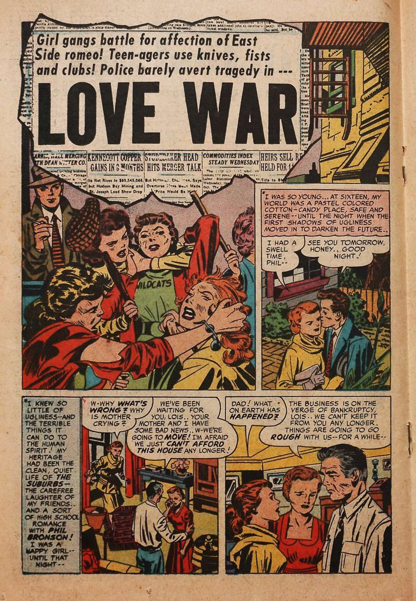 Early stories could be anything but inmocent: romance comics mined classic pulp themes such as betrayal, crime, madness and extortion. It wasn't long before a mini moral panic started about them.