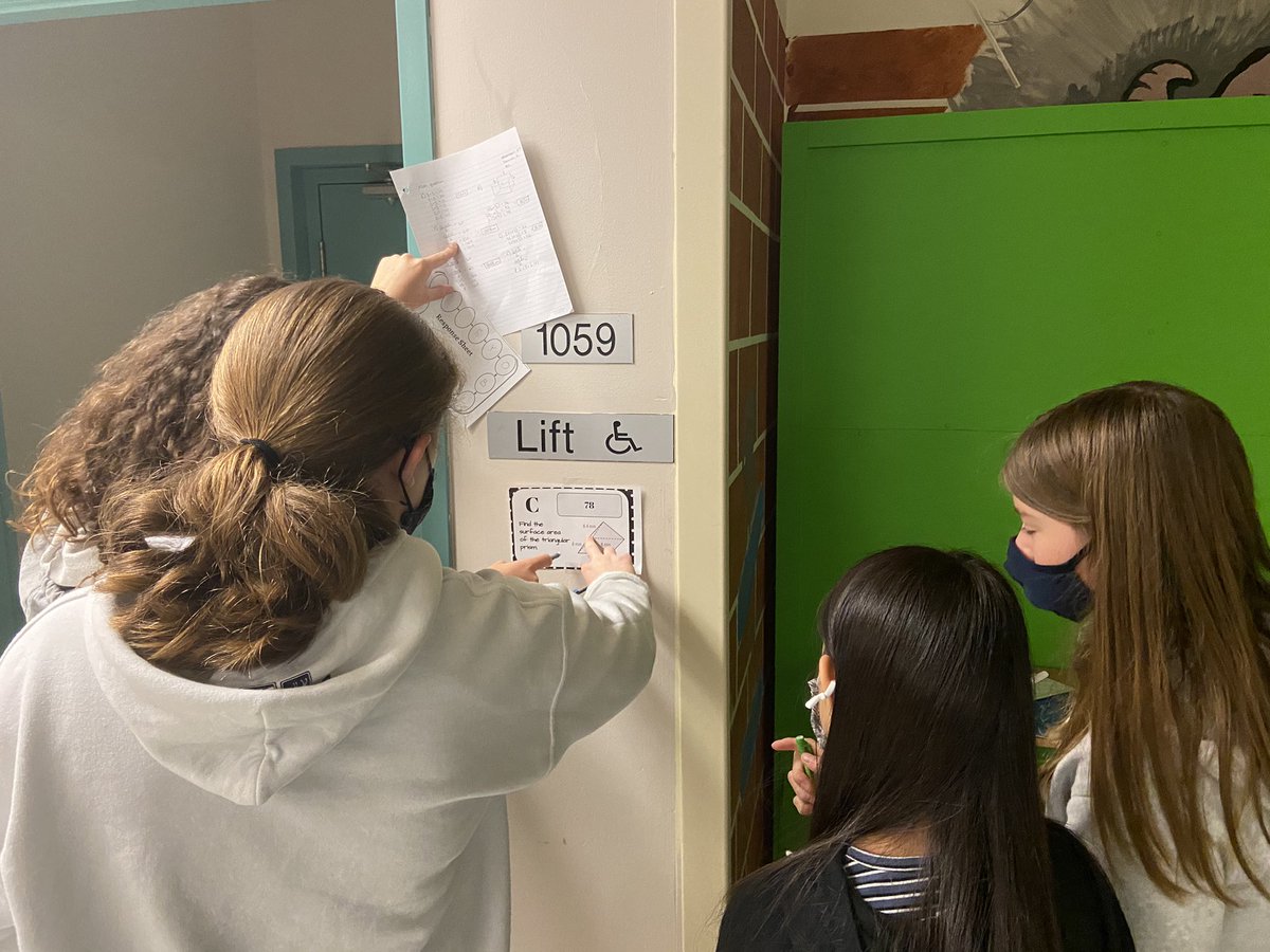 MrWaddenRMS's tweet photo. Gr 8 scavenger hunt movement break in the cafeteria practicing surface area of prisms. #mathwalk https://t.co/FtZX9hr1vC