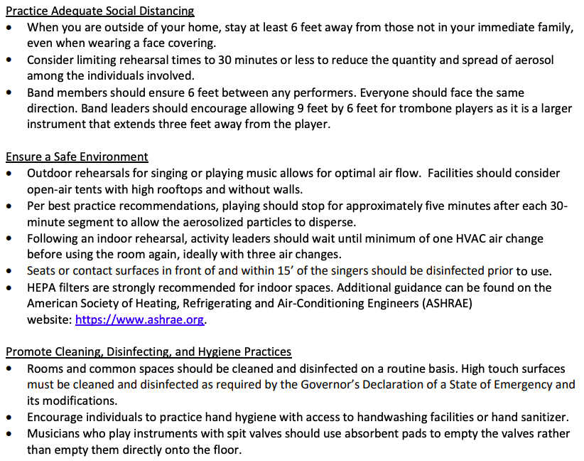 These great COVID risk reduction guidelines from Delaware include: constant masking, only gathering with household members, increased social distancing when unmasked, increased cleaning/environmental safety, and outdoor>indoor.  https://coronavirus.delaware.gov/wp-content/uploads/sites/177/2020/10/Guidance_Singing_Vocalization_Yelling_Band_10.5.20_update.pdf 9/