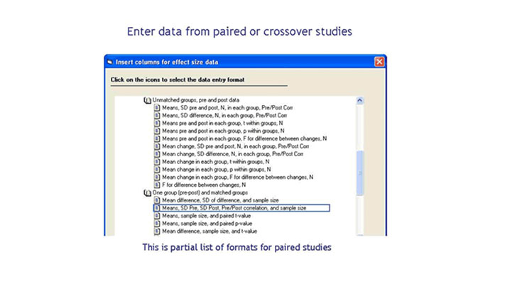 MetaAnalysisCMA's tweet image. Comprehensive Meta-Analysis includes templates for 20+ pre-post or #crossover designs. This is important since the #standarderror for these may be difficult to compute otherwise. Mix &amp;amp; match these studies with those only using post-tests. #metaanalysis bit.ly/2yAbpBP