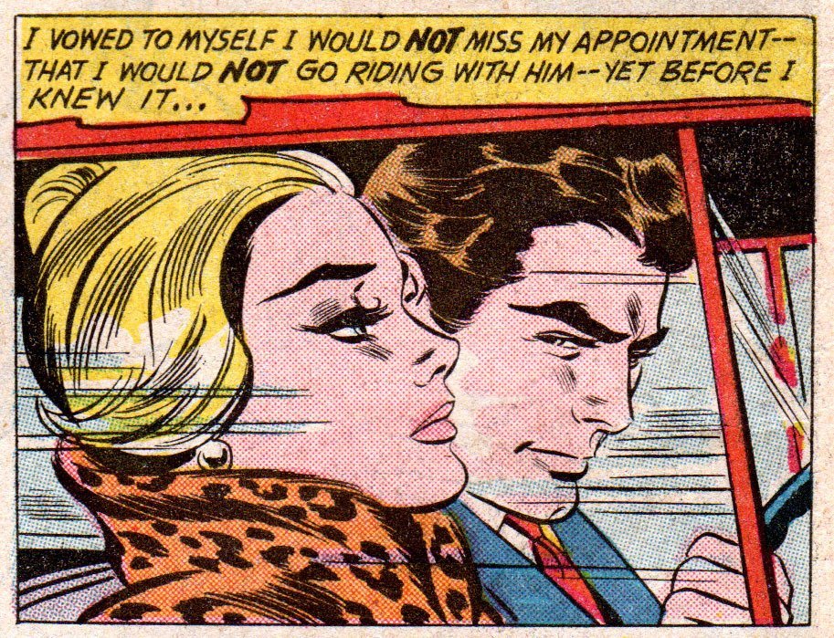 Roy Lichtenstein immortalised the world of the romance comics in his 1963 painting In The Car: based on a panel from the September 1961 edition of Girls' Romances.