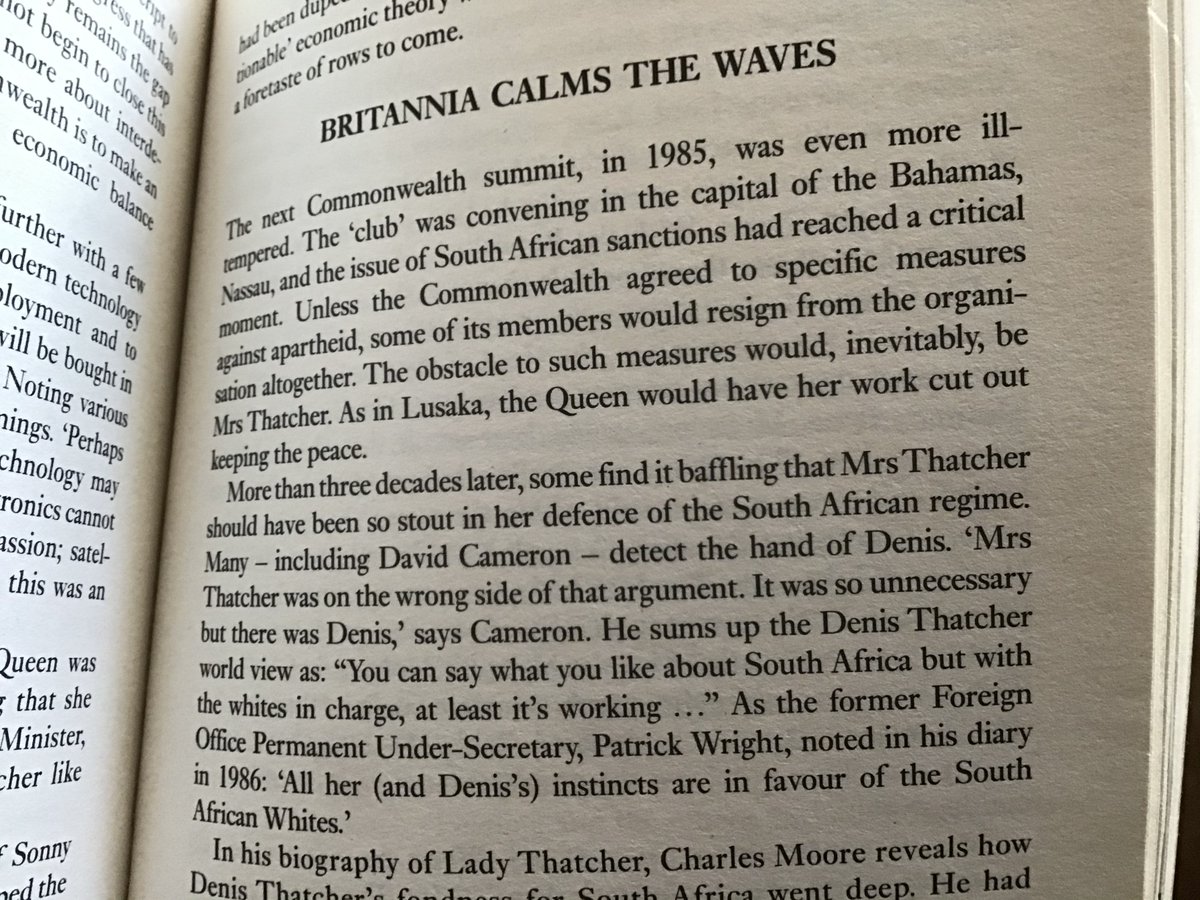 In  #thecrown, Mark Thatcher's business interests are a motivation for Margaret Thatcher's stubborn opposition to sanctions on the apartheid regime.  @hardmanr's research in his book Queen of the World indicates that Denis Thatcher was a key influence on the PM on this issue.