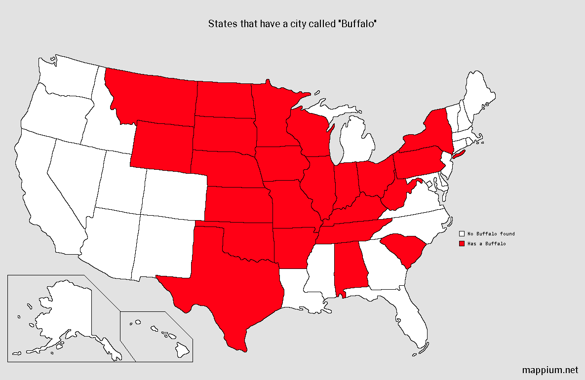 YutakaCutie's tweet photo. A map of the United States with every state that has a city called "Buffalo" in red https://t.co/1rUhorOpWF