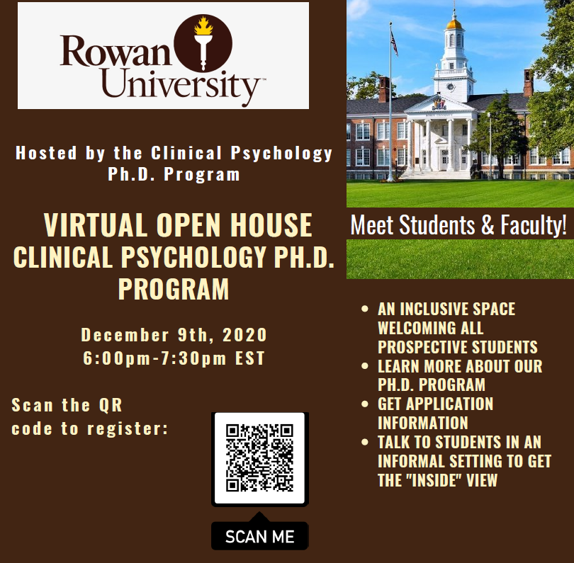 Interested in learning more about applying to Clinical Psychology PhD programs? Join us for Rowan University's Clinical Psychology PhD program virtual open house on Wednesday December 9 from 6-7:30EST.