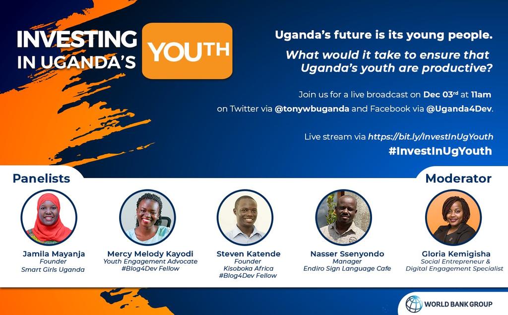 Join the youth panel discussion tomorrow (Thursday 03 Dec) at 11AM

Twitter via @tonywbuganda
Facebook via @Uganda4dev

Moderated by; @thatkemi.

Or Live link via: bit.ly/InvestInUgYouth

#InvestInUgYouth