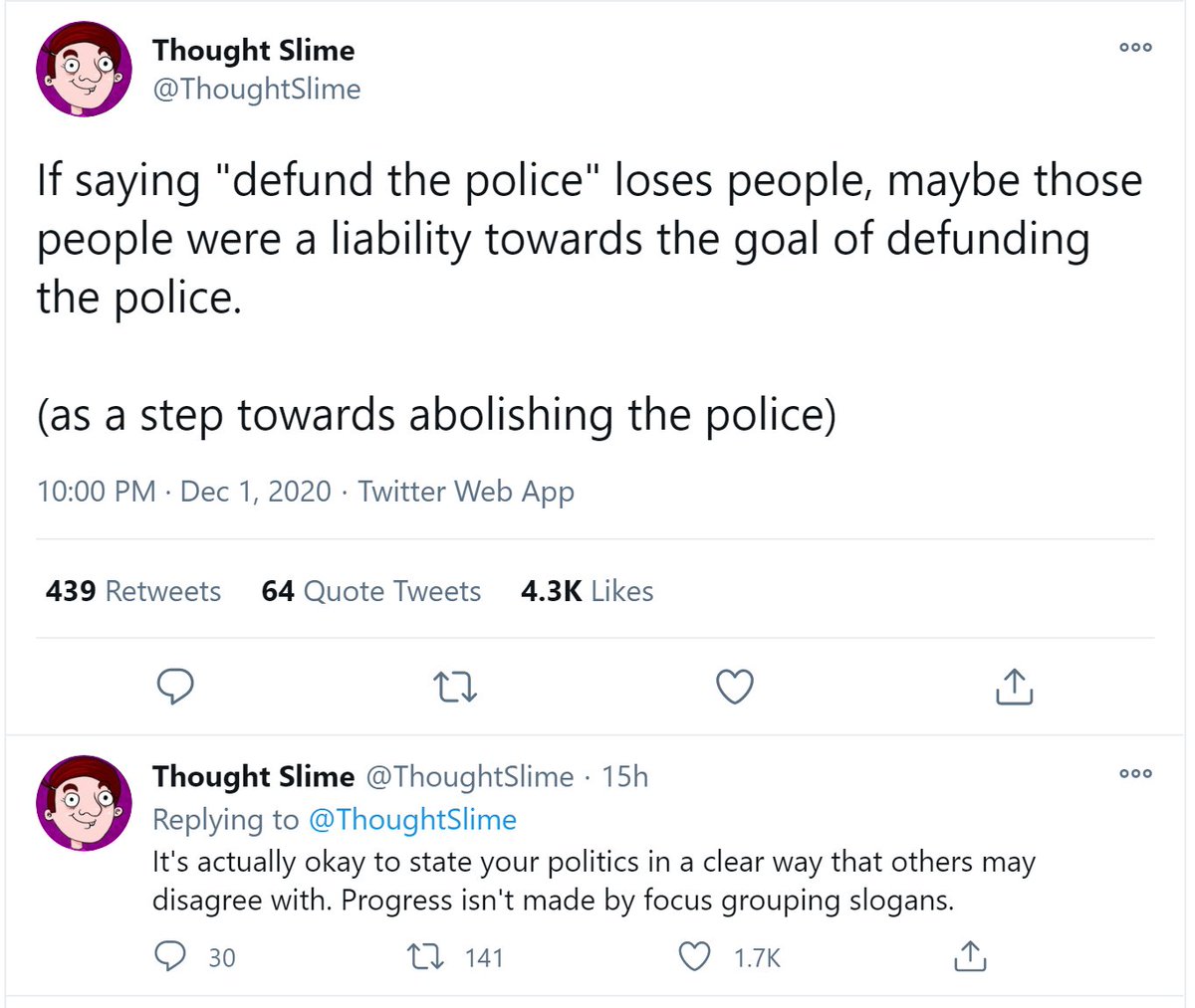 This is a great example of sane-washing: another mini-thread.The original activists do absolutely, literally want to abolish the police. There should not be police. Dead simple policy goal.Vox: It's an idea! A narrative! It's a rallying cry, not just a simple policy goal.