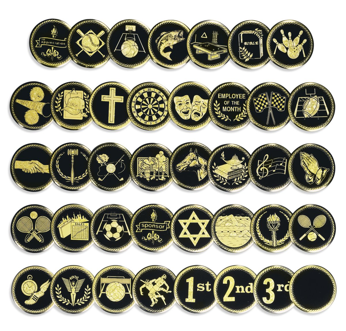 VictoryChicago's tweet photo. Medallions for everyone! Choose from our MD Series of domed activity medallions in Black aluminum with gold Florentine highlights. 

Don't see what you're looking for? Check out our Brass and 2" Aluminum Engravable Medallions in solid and marbleized colors. https://t.co/iInUSWTKZC