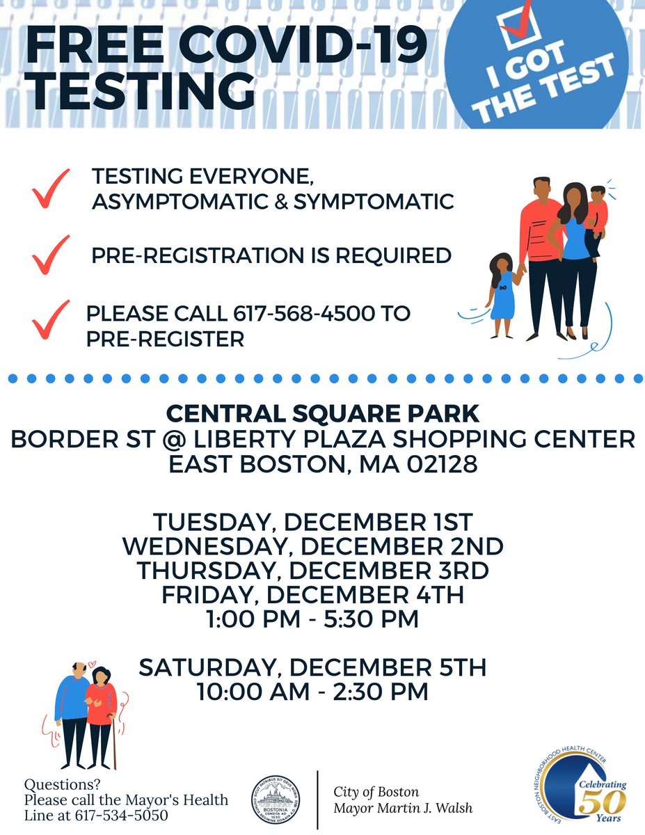 If you were at a holiday party or gathering and want to get tested for #COVID19, we have mobile testing sites this week in #EastBoston, #JamaicaPlain, and #Roxbury.
Testing is free and available to everyone at these sites, regardless of insurance: https://t.co/J4OakgojUM https://t.co/DW0zGC1VJV