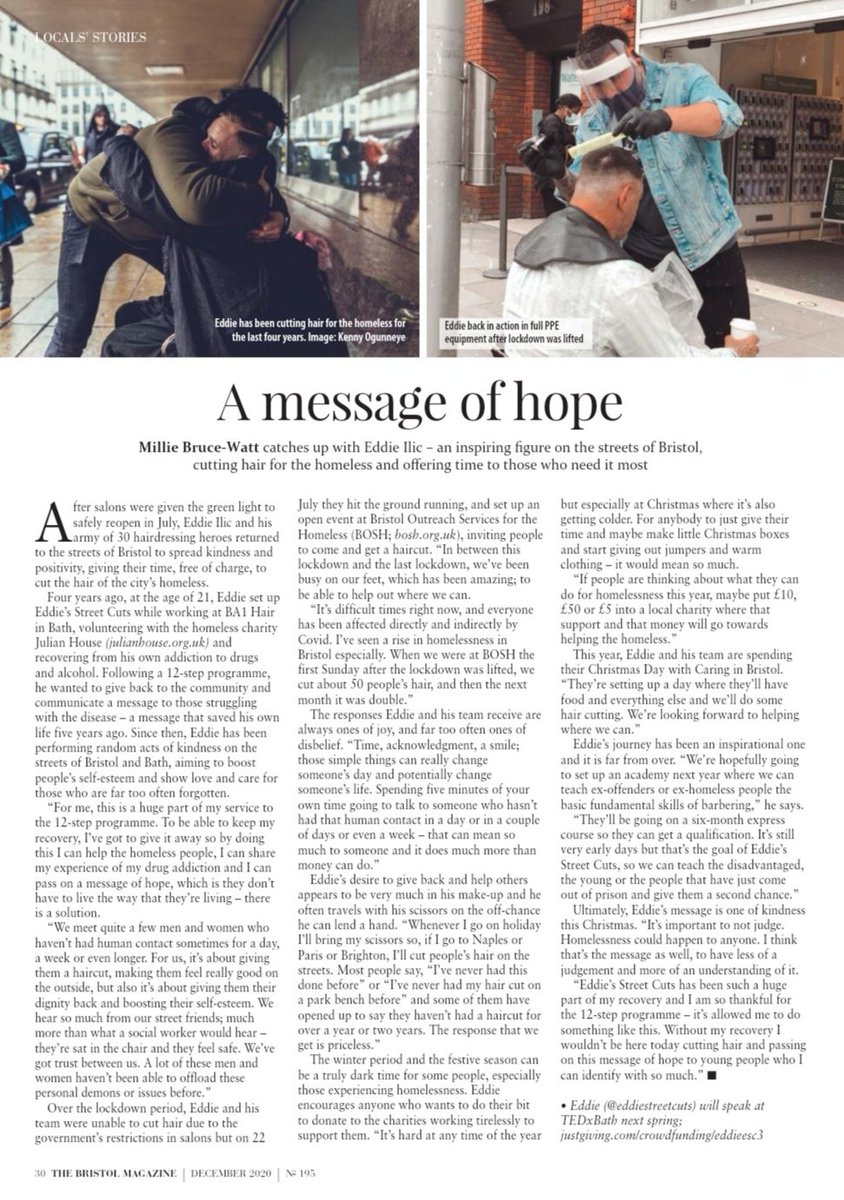 Lovely write up from <a href="/thebristolmag/">The Bristol Magazine</a>  thank you for the support and helping share what we love to do for the homeless community in #bath and #bristol Big love to all the volunteers <a href="/eddiestreetcuts/">Eddie Ilic</a> you guys are what makes ESC 💙 
Volunteering closely with
#messageofhope #homeless