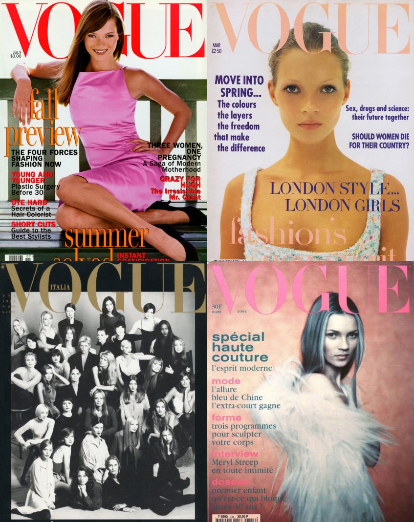 KATE MOSSVogue US July 1995Vogue UK March 1993Vogue Italia October 1994Vogue Paris march 1994