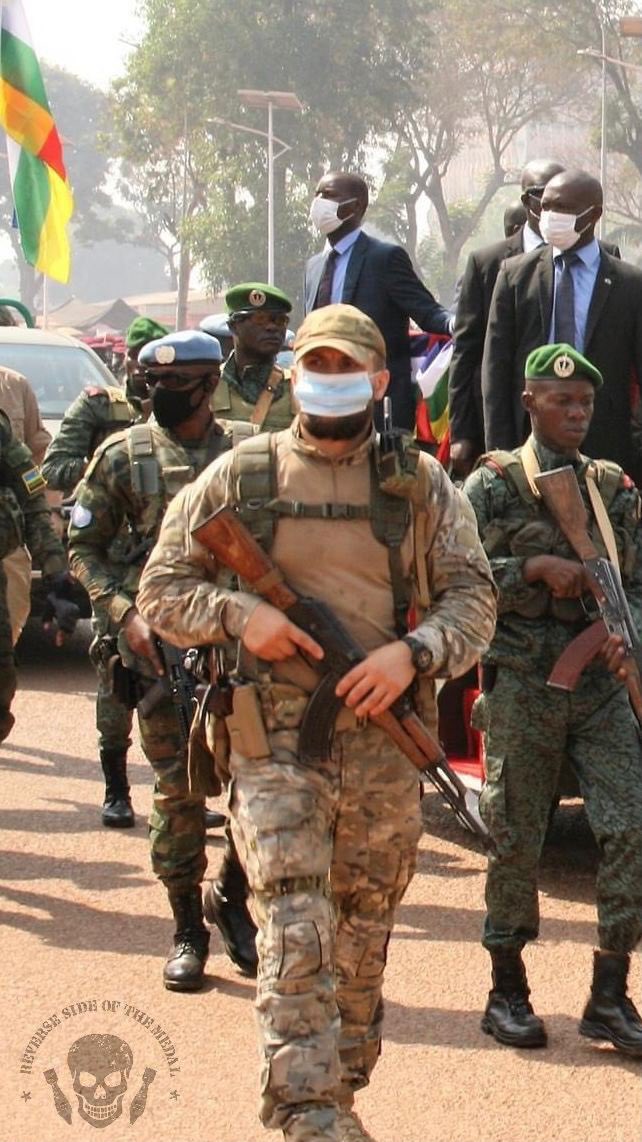 More photos of Russian private military contractors in CAR at an event with the president of the Central African Republic and the BRDM-2 vehicles Russia recently delivered. 14/ https://t.me/grey_zone/6182&nbsp;