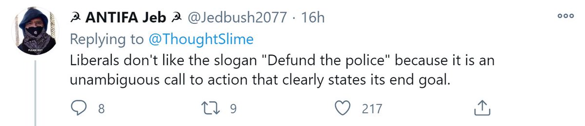 This is a great example of sane-washing: another mini-thread.The original activists do absolutely, literally want to abolish the police. There should not be police. Dead simple policy goal.Vox: It's an idea! A narrative! It's a rallying cry, not just a simple policy goal.