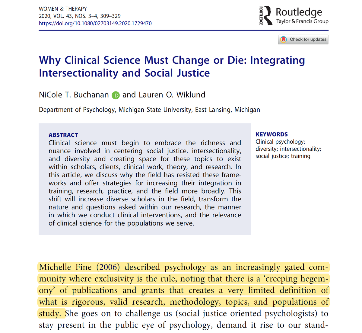Today's mandatory reading: 

Why Clinical Science Must Change or Die: Integrating Intersectionality and Social Justice 

👇👇👇👇

"There is virtually no discussion w/in clinical psychology of macro-level influences ... that exacerbate or buffer against mental illness"

👆👆👆👆