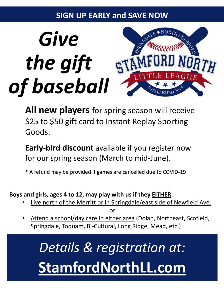 AndrewDavisctre's tweet photo. Stamford North Little League Spring Baseball Registration is open. Signup early and save money.
https://t.co/3lkx3wBxRB 
#Makefriends #Havefun https://t.co/5QYzVmBHBy