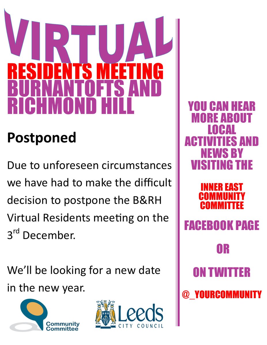 Due to unforeseen circumstances we have had to make the difficult decision to postpone the B&RH Virtual Residents meeting planned for tomorrow. We’ll be looking for a new date in the new year. Please RT@_YourCommunity @LASBTEast @WYP_LeedsEast @LeedsPRSHousing @YouthServiceENE