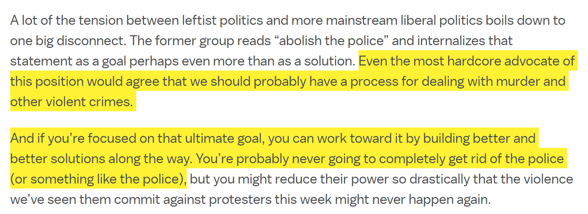 Leftists: Simple statement, it's literal.Vox: They don't actually want to get rid of all police! The issue is that liberals are talking this literally when they shouldn't! It's just a statement for sweeping change!