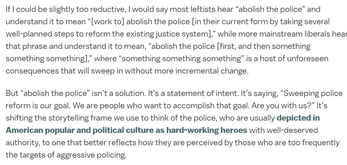 Leftists: Simple statement, it's literal.Vox: They don't actually want to get rid of all police! The issue is that liberals are talking this literally when they shouldn't! It's just a statement for sweeping change!