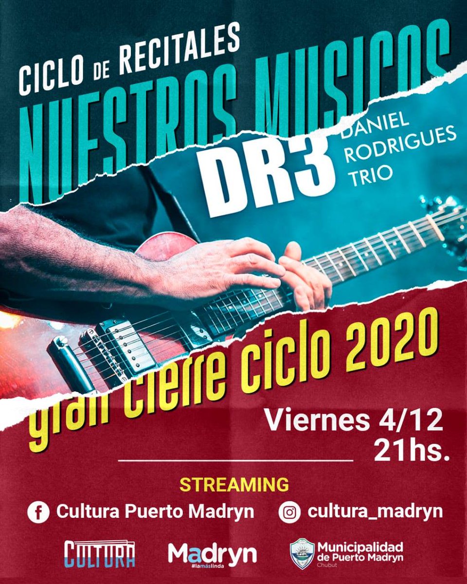 NoticiasPmy's tweet photo. #PuertoMadryn #Sociedad #Cultura #Música
Finaliza la temporada 2020 del Ciclo Nuestros Músicos con la presentación de #DanielRodrigues
Será el viernes 4/12 desde las 21hs. por streaming
@munimadryn @diegolpmy @diegotemadryn
https://t.co/L61aF8a14d https://t.co/z7d5rK04KR