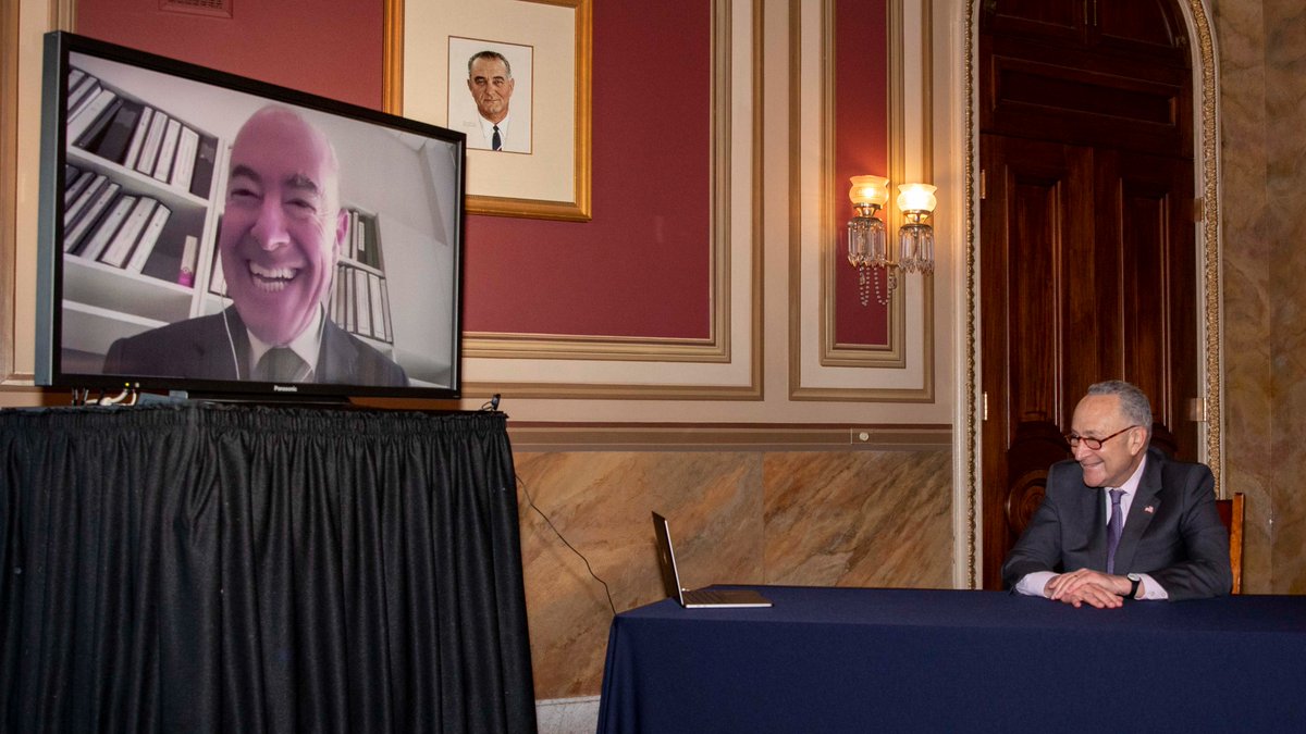 SenSchumer's tweet photo. No one exemplifies the hope &amp; promise of America better than Ali Mayorkas—an immigrant from Cuba who rose to the highest echelons of public service

I was proud to talk with him on becoming the next Homeland Security Secretary

The Senate must confirm him to Biden's Cabinet Day 1 https://t.co/zcZn44hccs